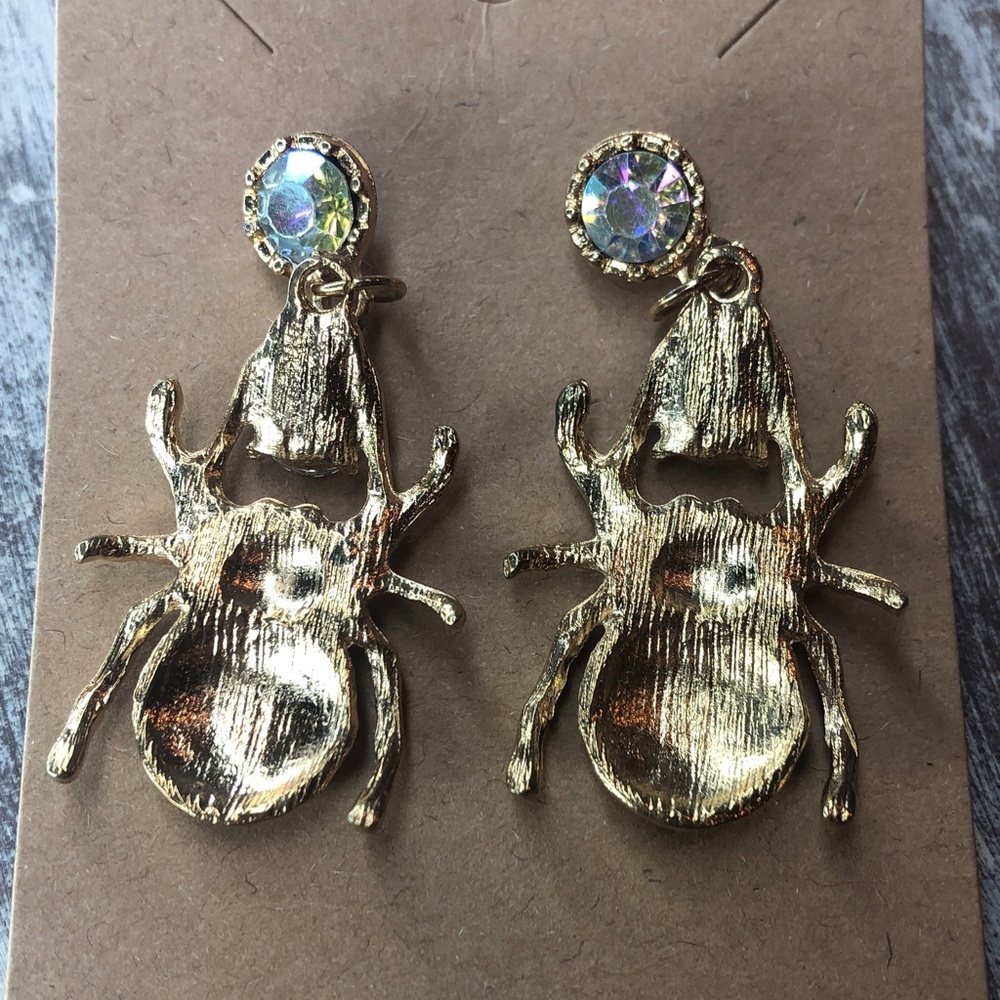 Gold tone  Green and Pink Sparkly Dangling Spider Earrings New - Picture 2 of 8